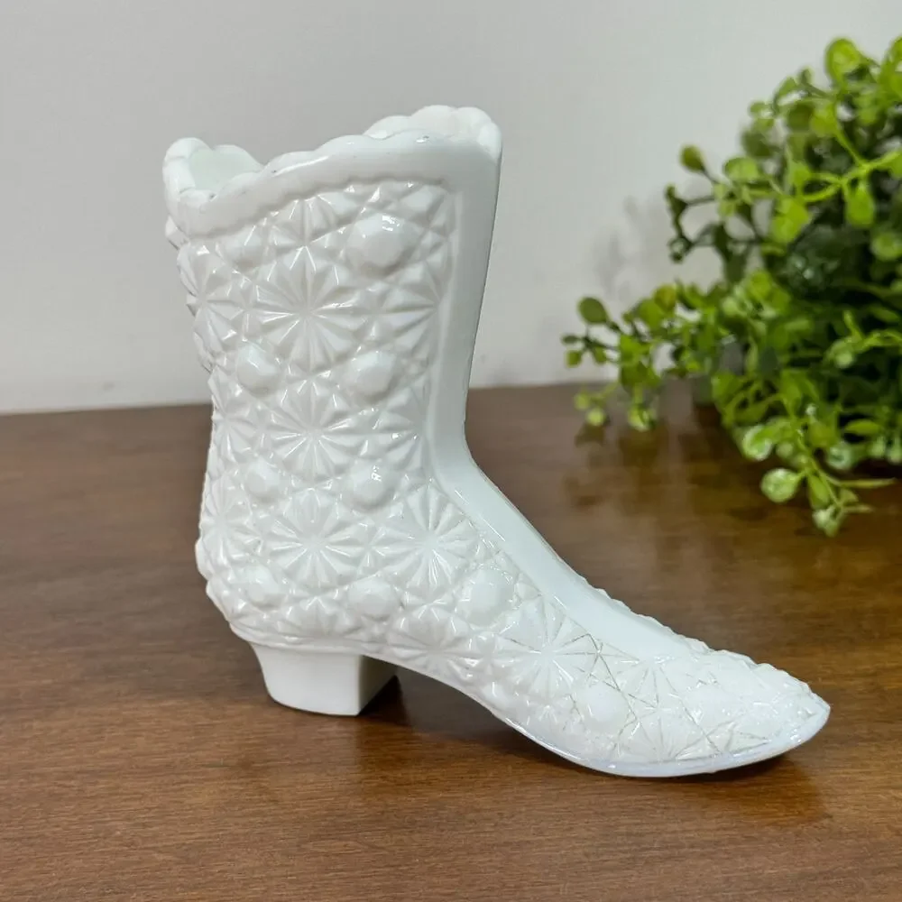 Fenton Vase White Milk Glass Boot Figurine Daisy and Button Pattern 4 
